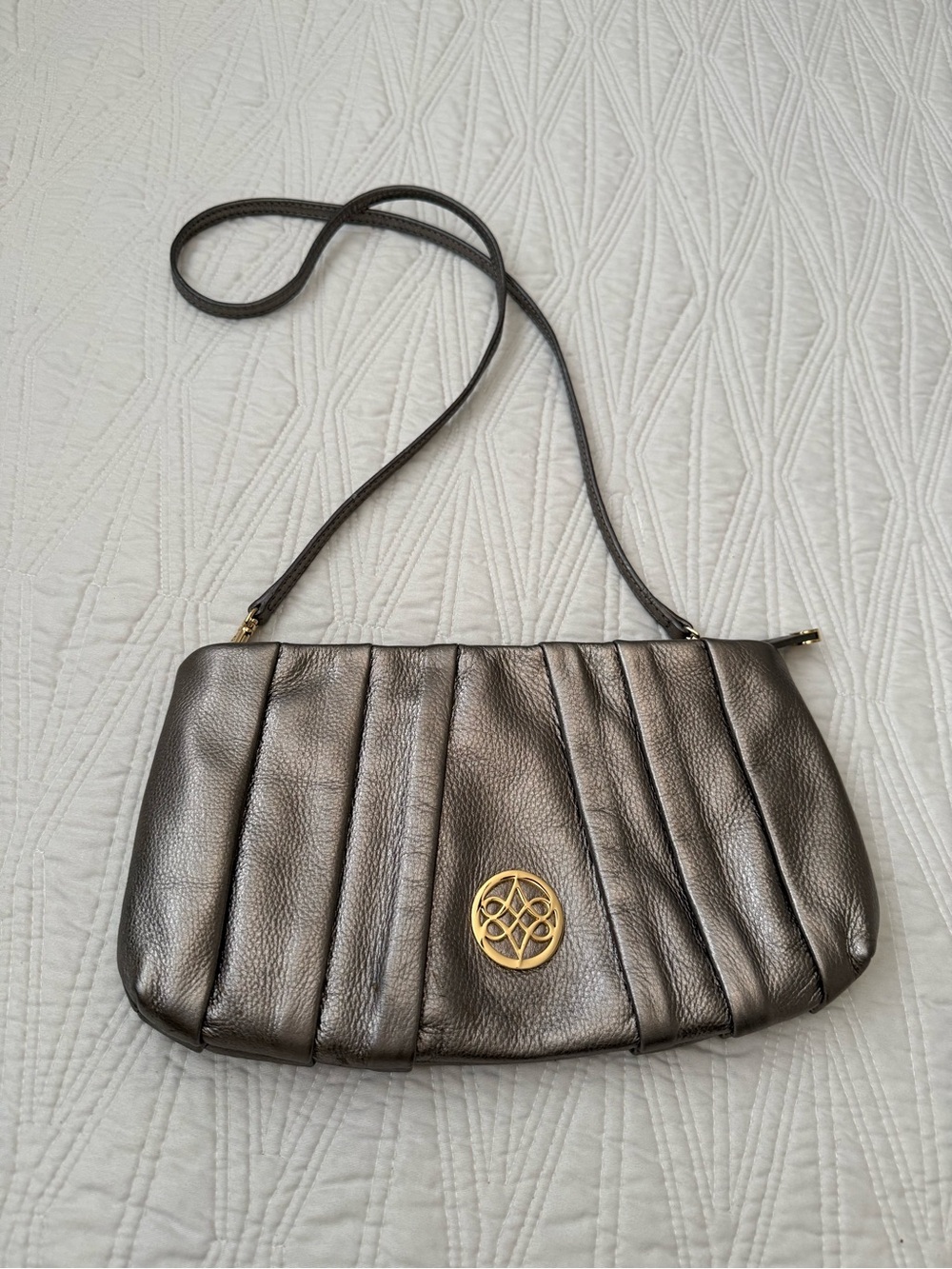 Antonio Melani Metallic Pewter Shoulder Bag with Gold Emblem